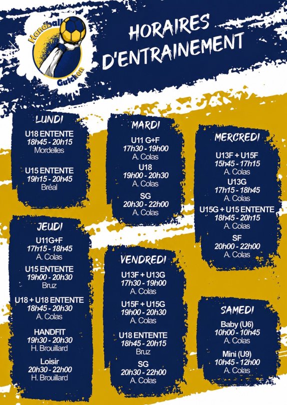 créneaux des entrainements pour la saison 2026-2027