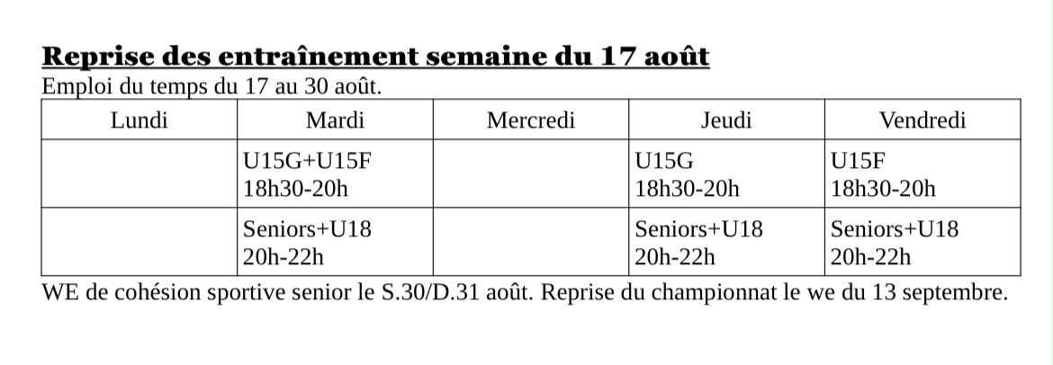 Horaires pré rentré